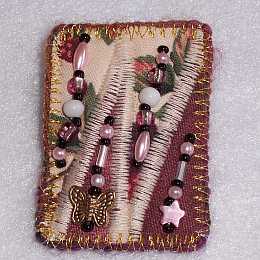 Mauve, Ivory Rectangle Beaded Art Quilt Pin, Pendant, Sue Andrus